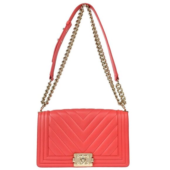 Boy Chanel Pink Lambskin Chevron Medium Double Chain Shoulder Bag 57075 - Picture 1 of 11
